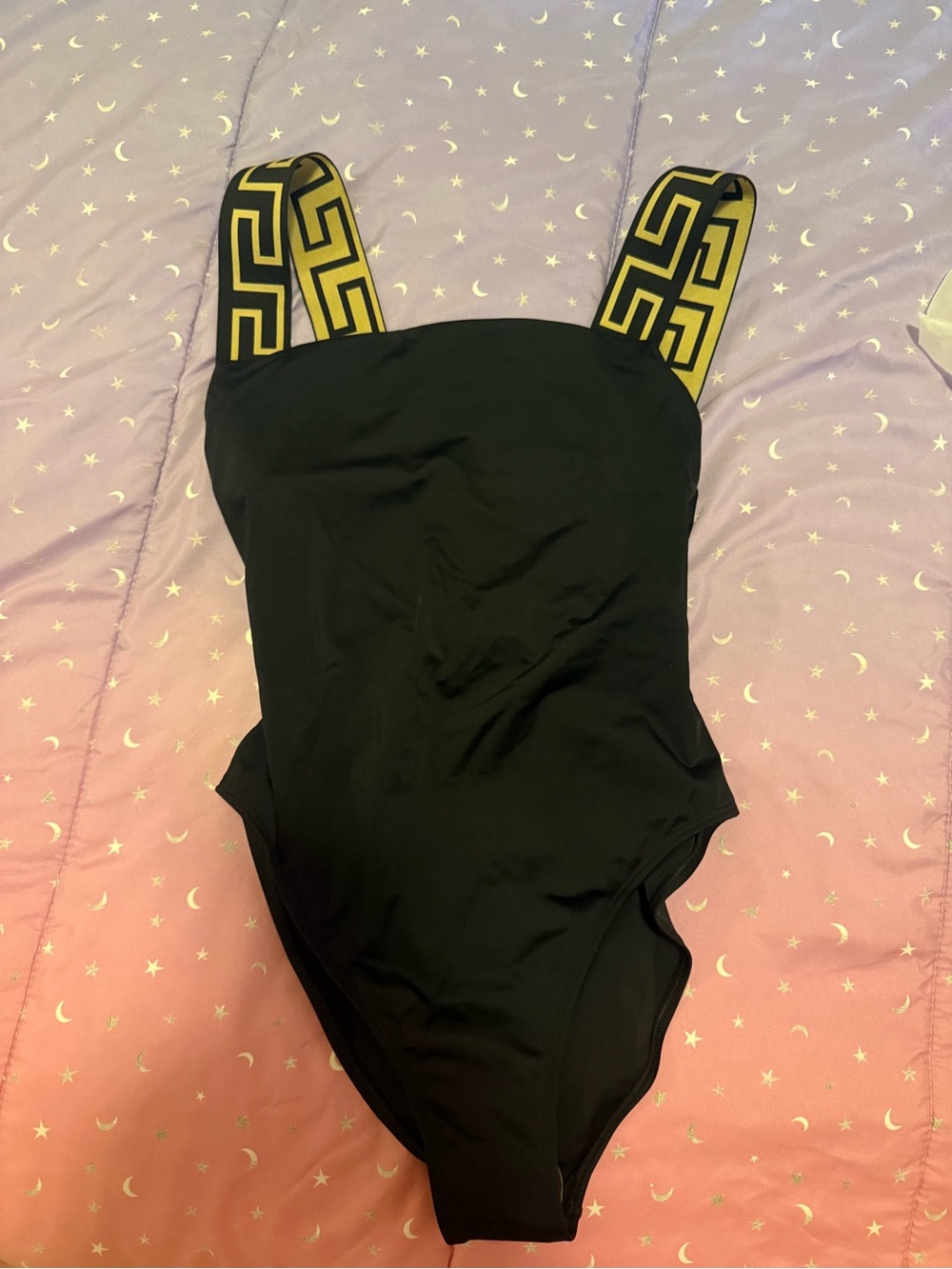 Versace Black One-Piece Swimsuit with Yellow Logo Straps